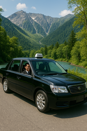 自然の中を走るタクシー